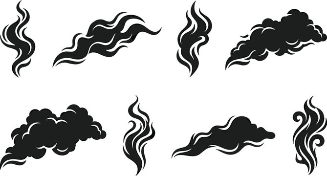 Black smoke cloud vector silhouettes set with steam wisps and aroma trail graphic design elements