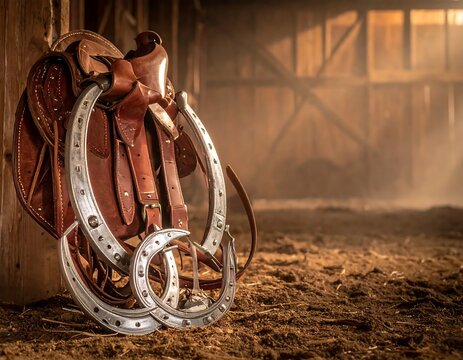 Worn Leather Saddle Resting Beside Horseshoes in Dusty Rustic Barn
