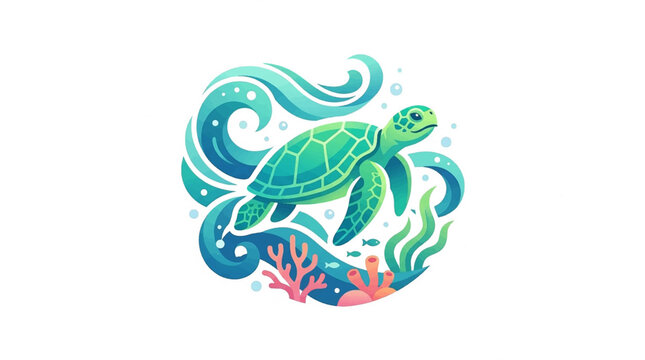 Cute Green Sea Turtle Swimming in Coral Reef with Ocean Waves