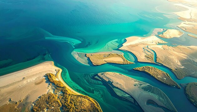 Stunning Aerial View of a Vibrant Coastal Estuary with Intricate Sandbars and Turquoise Water Patterns, Natural Delta Landscape