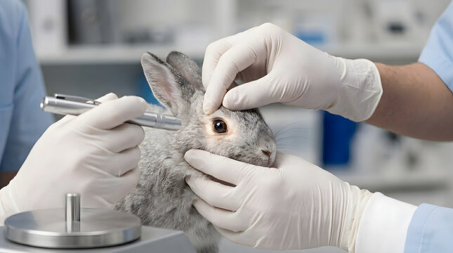 Veterinarian using penlight to examine rabbit eye for conjunctivitis and corneal health