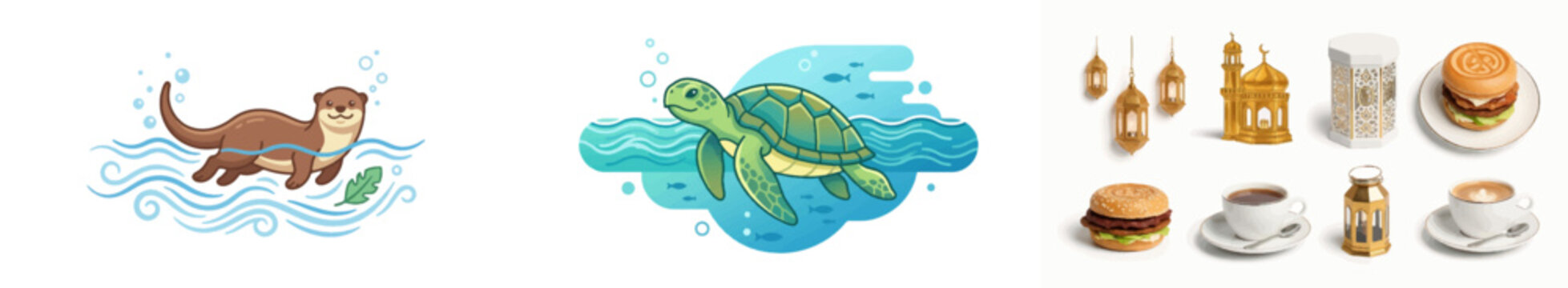 Cartoon otter swimming with sea turtle and food items illustration