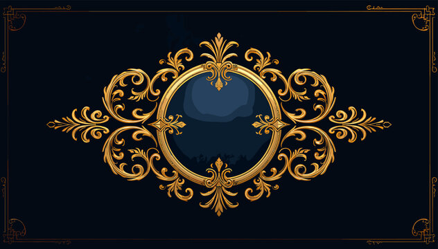 Ornate golden oval frame with intricate baroque scrollwork on a dark blue background, elegant classic design.