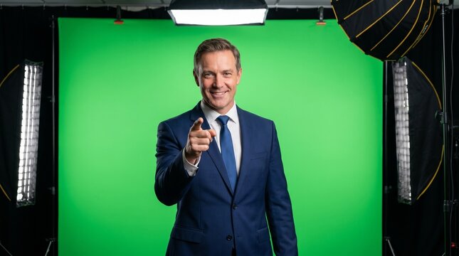 Confident corporate businessman in a classic dark navy blue suit and tie looking directly at camera while pointing his finger forward on a green screen backdrop for professional hiring agency ads and 