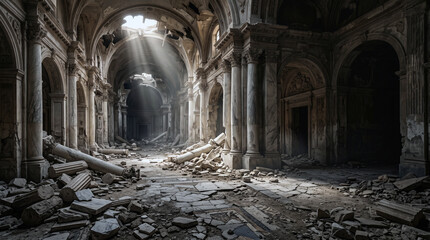 Naklejka premium Cathedral ruins stand abandoned with crumbling stone columns and debris scattered across the floor as sunlight streams through the damaged roof.