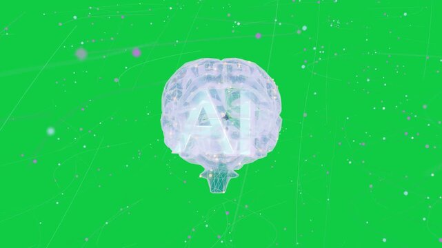 On appearing glowing 3D brain rotating, pulsing, visualizing neon data flow on transparent backdrop