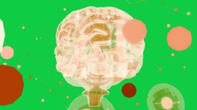 Glow sparking brain rotating, showing AI motif, nodes orbiting, mapping network on transparent bg