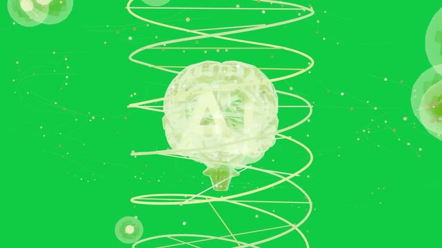 Neon brain floating spiral forming below driving helix trails flowing showing net on transparent bg