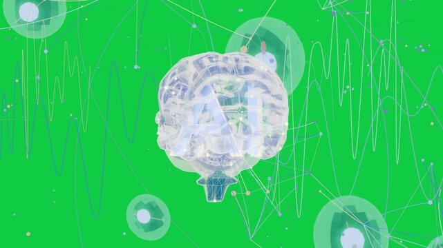 On play brain rotating, nodes orbiting, waves oscillating, visualizing neural data, transparent bg