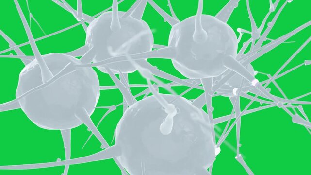 Camera orbiting translucent nodes on transparent bg, revealing network form and moving highlights