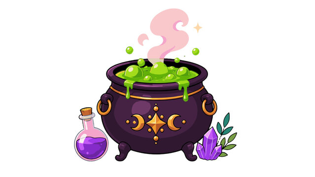Boiling magic potion in black cauldron cartoon vector icon