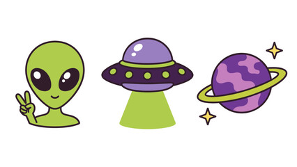 Obraz premium Cute alien, UFO, and ringed planet cartoon sticker set