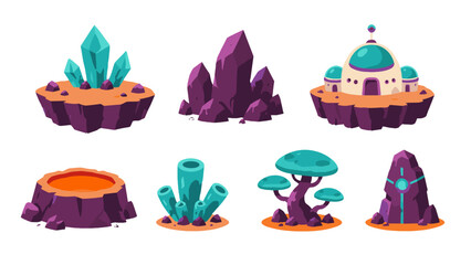 Cartoon alien planet landscape elements set for space game © Alan
