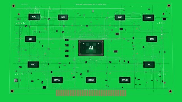 AI module activating growing linking modules and traces revealing PCB on transparent BG showing map