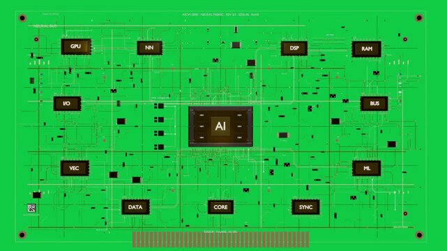 PCB schematic animating from AI module, visualizing blocks and traces on transparent background