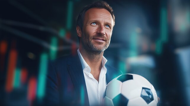 businessman holding soccer ball in sports finance context