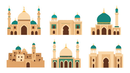 Flat vector set of mosque and palace facades with domes © Alan