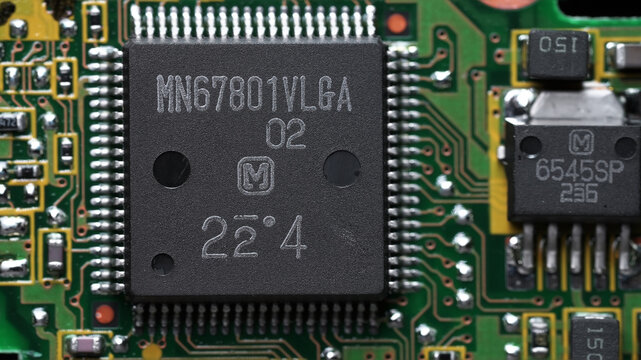 classic green motherboard with chipsets, memory modules, transistors and contacts
