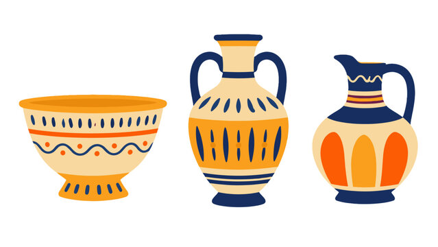 Decorative ceramic bowls and jugs in flat vector style