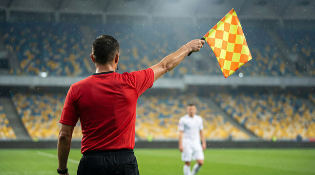 Back view of a football linesman raising a checkered flag during a professional match in a large stadium under rain