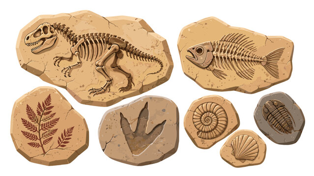 Prehistoric fossil collection with dinosaur, fish, plant and shells