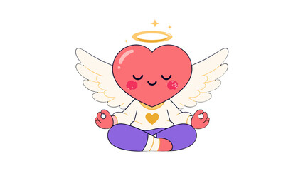 Obraz premium Cute heart angel mascot meditating with wings and halo