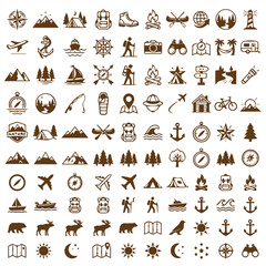 Obraz premium Collection of outdoor adventure and travel icons with adventure, mountains