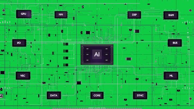 AI chip centering while pixels sparking traces tagged blocks building schematic on alpha backdrop