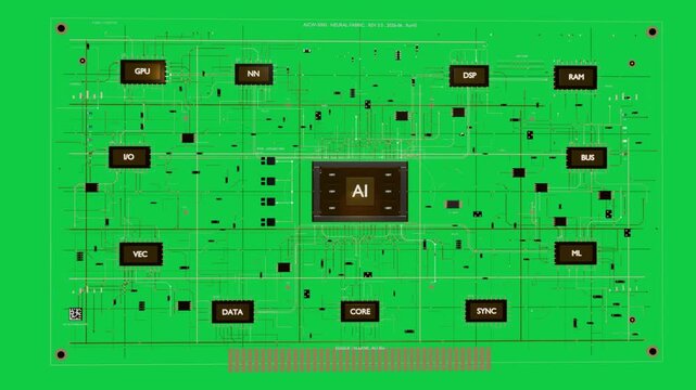 AI marker lighting, PCB drawing gold traces and modules, revealing layout on transparent background