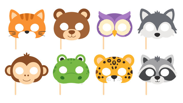 Cute animal party masks set with cat bear owl and raccoon