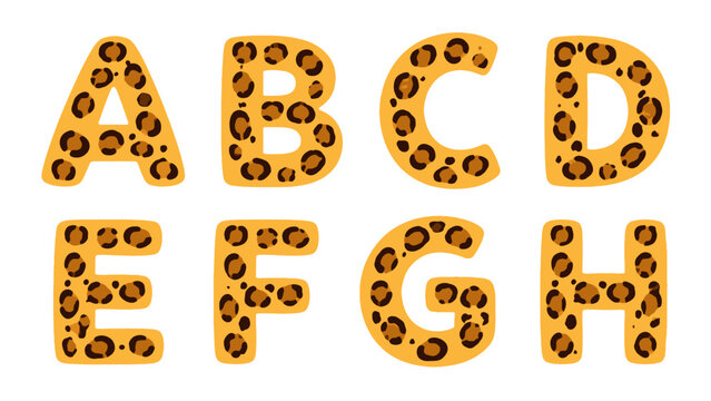 Animal print alphabet letters A to H in cartoon vector style