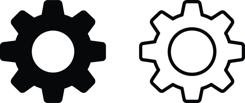 Gear settings wheel icon set with solid black and outline configuration option symbol collection