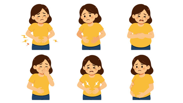 Woman with abdominal bloating and stomach pain symptom set