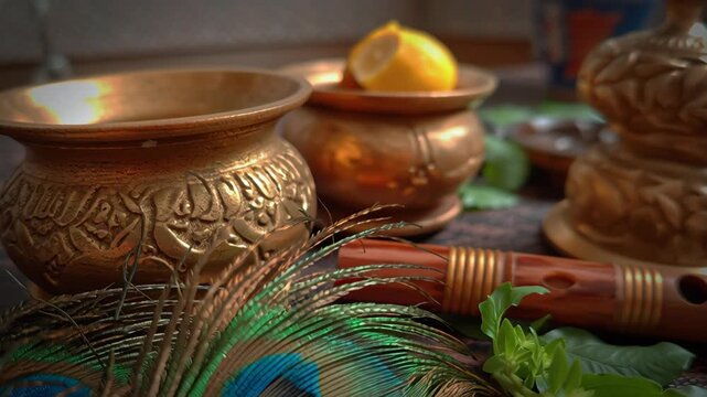 Close-up of vibrant peacock feather, flute, brass pots, tulsi leaves for Hindu ritual.