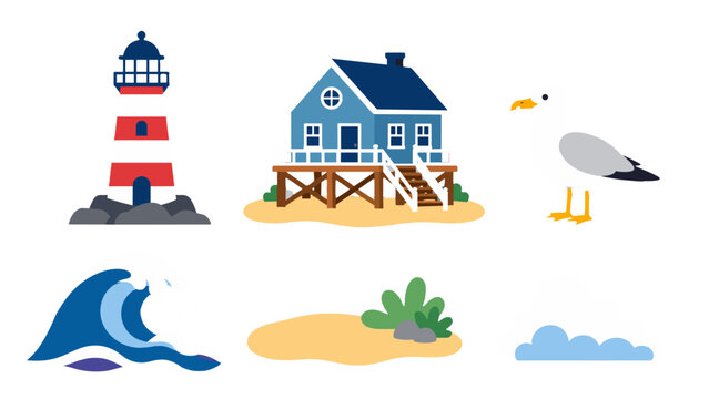 Coastal vector set with lighthouse beach house seagull and wave