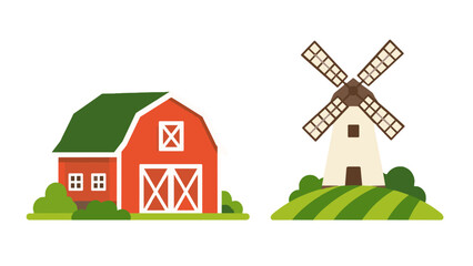 Fototapeta premium Barn and windmill on green farm landscape vector illustration