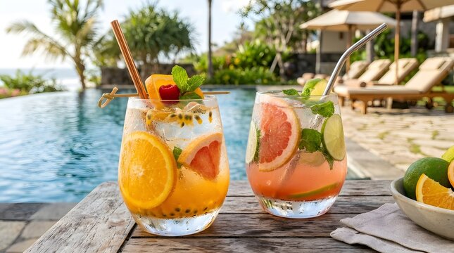 Refreshing summer drinks with citrus fruits by poolside