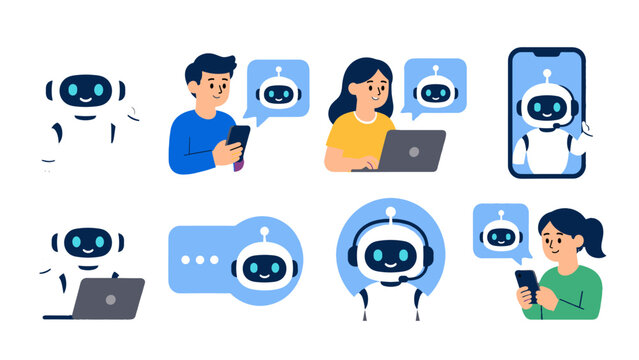 Chatbot robot assistant with people using phone and laptop