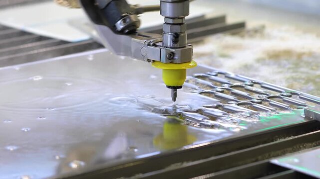 Industrial waterjet cutting machine carving precise patterns into metal plate.