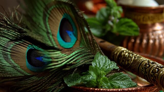 Peacock feather and traditional wooden flute for Hindu religious worship