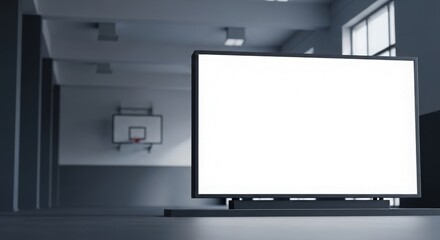 Fototapeta premium A large blank white screen display standing on the floor of a dimly lit school gymnasium with a basketball hoop in the background.