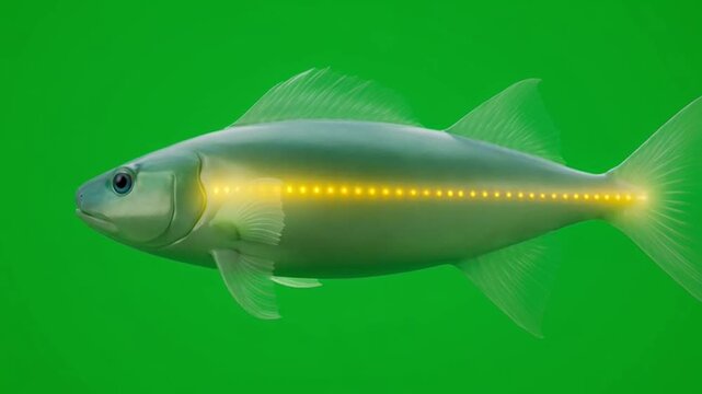 3D animation of fish anatomy showing glowing lateral line on green screen.