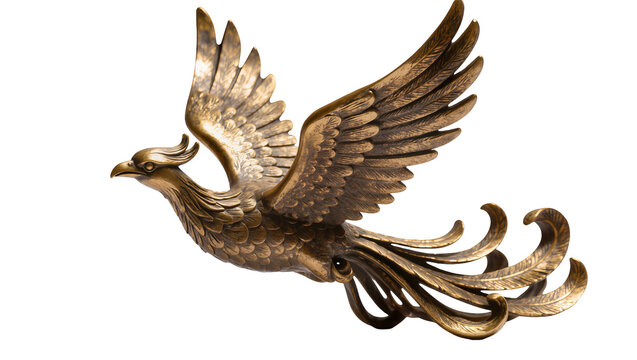 Bronze phoenix sculpture with spread wings and flowing tail feathers