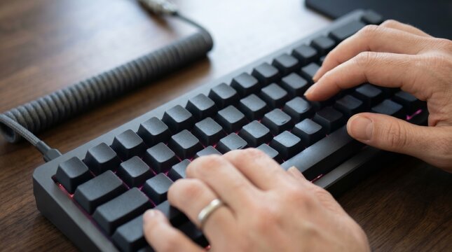 Close-up of a person's hands typing on a sleek, black mechanical keyboard, emphasizing focus and productivity.