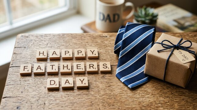 Scrabble tiles spelling Happy Father's Day with blue tie.