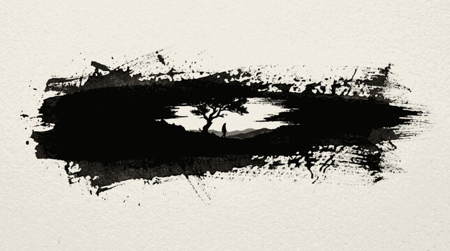 Bold black ink band with frayed dry brush edges and scattered paint sp