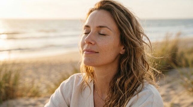 A serene young woman with wavy hair enjoys a moment of peace by the beach, closing her eyes as the sun sets on the horizon.