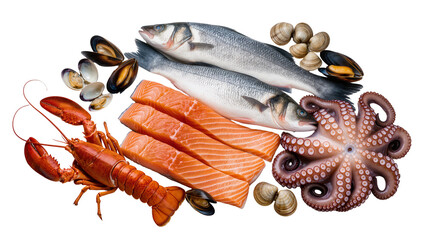 Fresh seafood assortment with lobster salmon octopus fish mussels, and clams © Paul