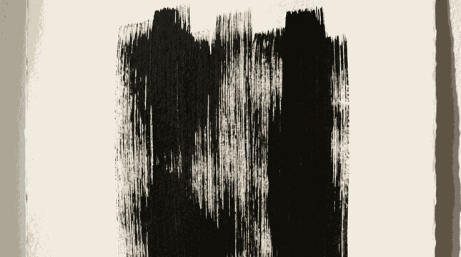 Tall black textured dry brush mark with feathered edges on a pale crea