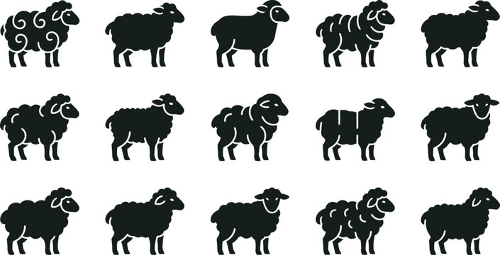 Set of black sheep silhouette icons representing various breeds and poses.
